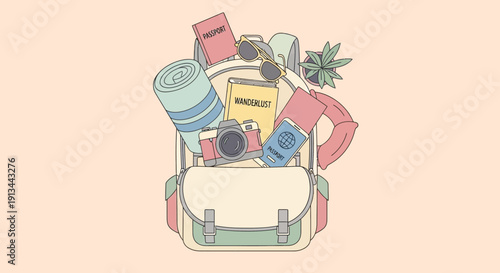 Backpack with Various Travel Essentials Inside.