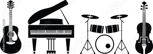 Musical instrument icon set featuring guitar, grand piano, drum kit and violin black silhouettes isolated on light background, vector illustration collection for music design