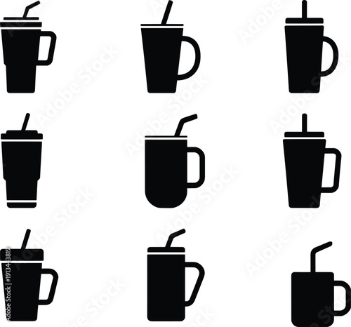 Set of coffee cup and takeaway drink mug silhouettes isolated on white background simple beverage icon vector collection