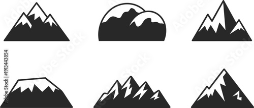 Minimal mountain icon set with snow peaks, black silhouette alpine landscape collection, vector mountain symbols for travel, hiking, nature branding, outdoor adventure design