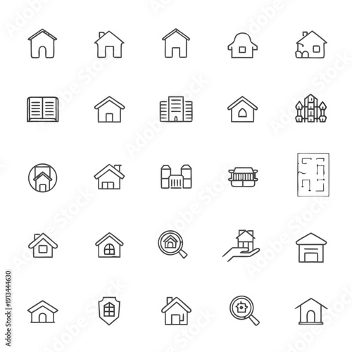 A collection of simple line art icons depicting various house and building designs