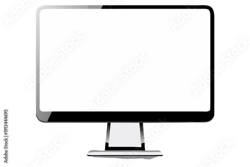A sleek and modern computer monitor with a blank white screen on a silver stand