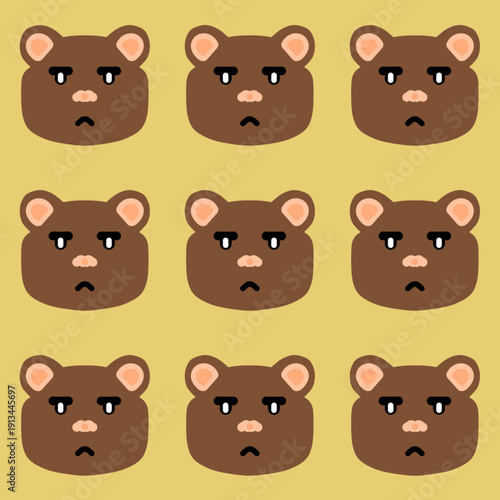 Seamless background pattern of grumpy brown bear icons on a yellow backdrop. Ideal for wallpaper, textile prints, and funny animal-themed graphic design assets.