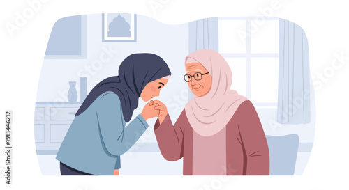 A heartwarming illustration capturing a young Muslim woman showing deep respect and affection to her elderly grandmother, emphasizing strong intergenerational family bonds and cultural traditions