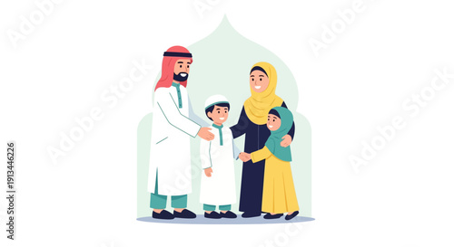 Illustration of a happy Muslim family celebrating a holiday