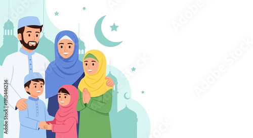 Joyful Muslim family portrait with parents and children celebrating an Islamic occasion, embracing faith and cultural traditions, depicted in a warm flat vector illustration featuring mosque elements
