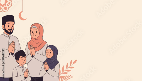 Muslim family in traditional attire exchanging greetings, celebrating religious festival with warmth and unity. An illustration depicting togetherness during special occasions