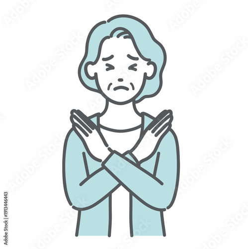 NGサインを出す・拒否する高齢女性のイラスト（バツ印・上半身）