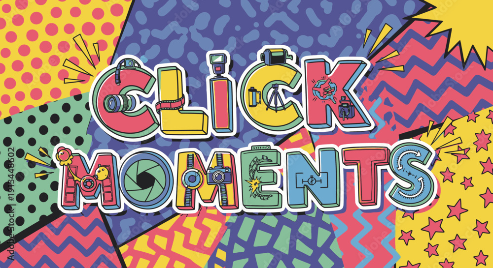 Obraz premium Colorful Click Moments Text Graphic Design.