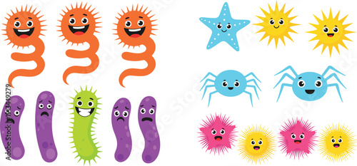 Cute cartoon bacteria and germ character set featuring smiling virus monsters colorful microbes and friendly pathogens isolated on white for kids medical educational health designs