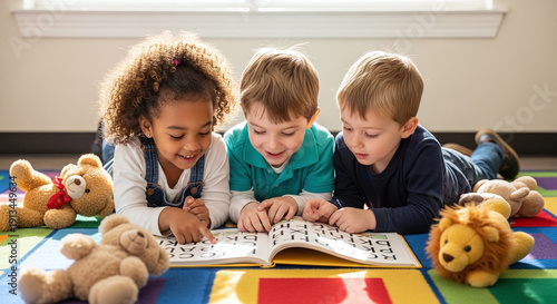 Diverse children reading a book together on a colorful rug with stuffed animals kids school life lea