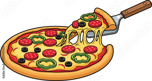 Delicious cartoon pizza vector illustration with melting cheese stretch and spatula featuring pepperoni peppers and olives isolated on white for restaurant menu design