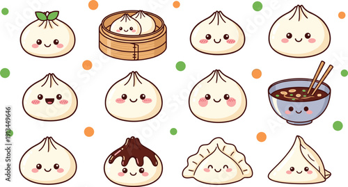Cute kawaii dumpling character set featuring smiling bao buns dim sum gyoza and dipping sauce isolated on white for restaurant menus and food branding