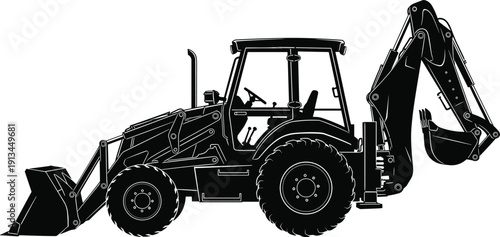 Detailed black silhouette of backhoe loader tractor with front shovel and rear excavator bucket isolated on white background, heavy construction machinery equipment icon.
