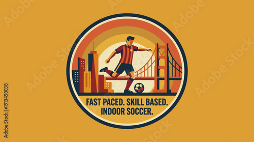 Indoor Soccer Illustration with a Player Kicking a Ball in a Cityscape