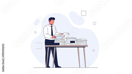 Businessman reviewing documents and paperwork on a desk, administrative tasks illustration