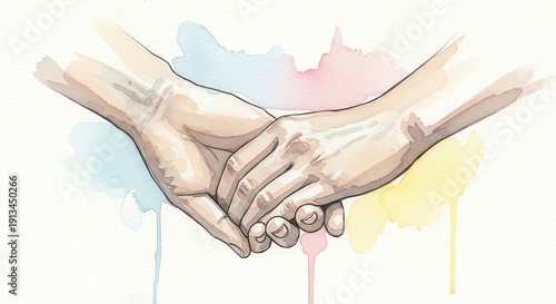 Illustration of two hands clasped together in front of a colorful watercolor background with pastel shades.