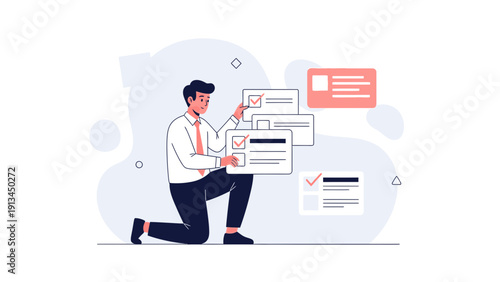 Man completing checklist, business tasks, planning and organization concept