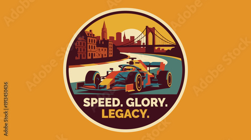 Racing Car Speed Glory Legacy Emblem with Cityscape and Bridge in the Background