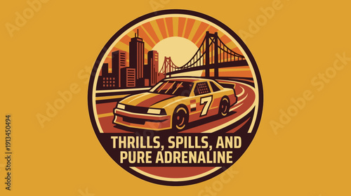 Vintage Racing Car Driving Through City at Sunset with Exciting Slogan