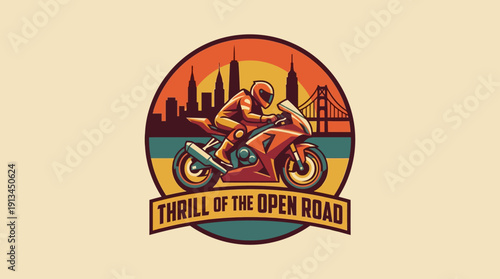 Motorcycle Adventure Thrill of the Open Road, Cityscape and Sunset Graphic