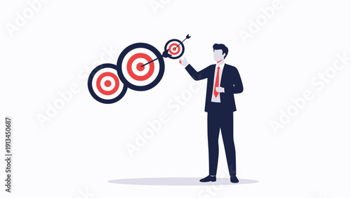 Businessman aiming for multiple goals with arrows hitting targets