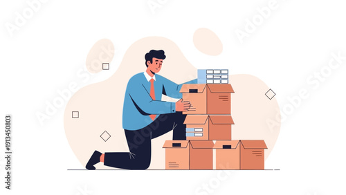 Man Packing Cardboard Boxes for Moving or Shipping | Business Logistics