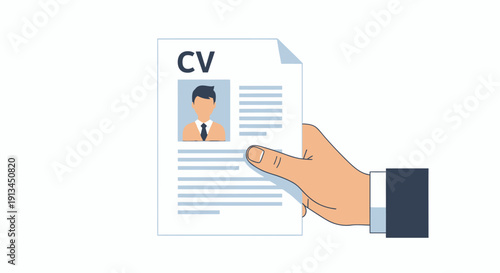 Hand Holding CV Document. Professional Resume Paper for Job Application, Recruitment, and Hiring Process. Curriculum Vitae Submission Vector Illustration.
