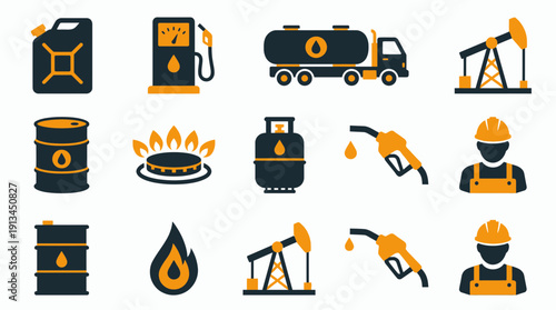 Set of oil and gas industrial icons featuring fuel pump, tanker truck, oil rig, barrels, gas burner and petroleum engineers, concept for energy industry, fuel logistics and refinery management