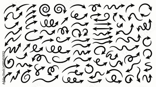 Large set of black hand drawn arrow doodles with various shapes and brush strokes isolated on white background, concept for educational infographics, creative web design and project presentation