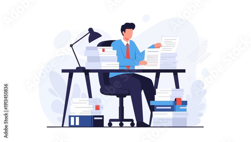 Man Overwhelmed by Paperwork at Desk - Business Overload