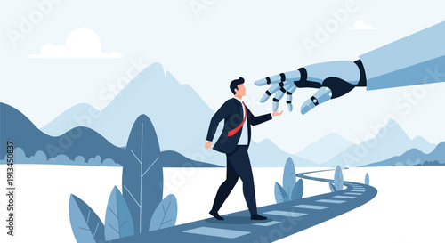 Future Collaboration: AI Robot Hand Guiding Businessman on the Path of Digital Transformation and Technological Advancement