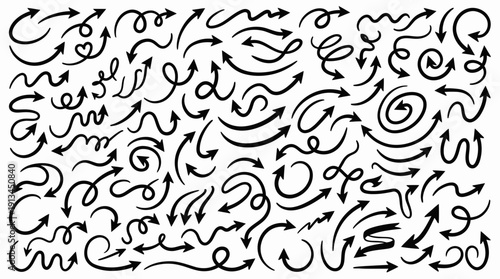 Large collection of black hand drawn doodle arrows and swirly pointers on white background, concept for creative workflow, graphic design elements and business presentation