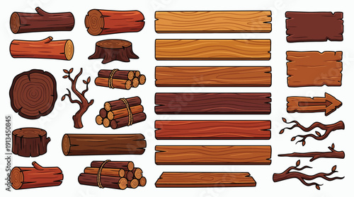 Set of various wooden logs, planks, tree stumps and dry branches icons isolated on white background, concept for game assets, carpentry symbols and rustic forest decoration