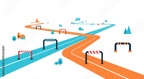 Winding Business Road with Obstacles and Hurdles. Vector Illustration of Career Path, Challenge, Problem Solving, and Goal Achievement.