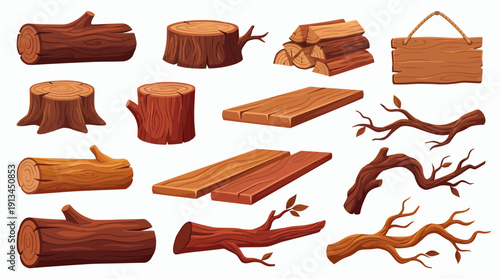 Collection of wooden logs, stumps, branches, planks and a hanging sign with realistic texture on white background, concept for woodworking industry, forest resources and rustic decorative elements