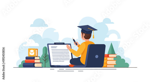 E-learning Student in Graduation Cap Studying Online with Laptop and Books. Remote Education and Digital University Concept Illustration.
