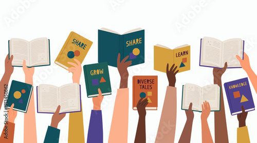 Diverse hands of educators holding various open books with knowledge and growth text, concept for corporate training, professional development and academic literacy workshop