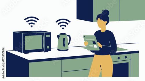 Female remote entrepreneur managing smart kitchen appliances using a tablet in a modern home office, concept for smart home automation, internet of things and digital lifestyle