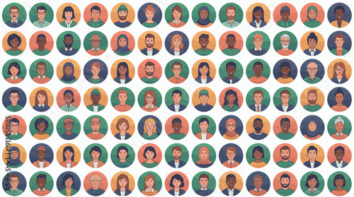 Large collection of circular avatars featuring diverse corporate managers, office executives and creative developers in flat style, concept for employee database, team hiring and networking