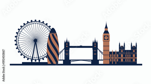 London skyline illustration featuring the London Eye, Big Ben, Tower Bridge and Gherkin building, concept for travel agency promotion, UK tourism and city silhouette graphic design