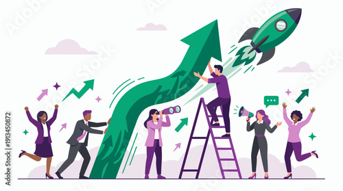Diverse executive managers and analysts working together to push a large green growth arrow upwards with a rocket launch, concept for business strategy, startup success and team collaboration
