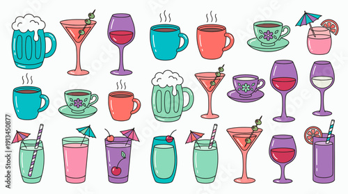 Hand drawn doodle collection of colorful drinks including beer mugs, wine glasses, coffee cups and martini cocktails, concept for restaurant menu design, cafe promotion and bar party flyer