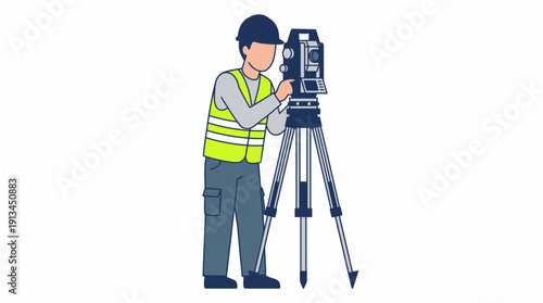 Professional land surveyor operating total station theodolite equipment on tripod, concept for construction site management, civil engineering project and topographic mapping services