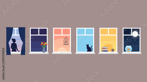 Row of six windows with female entrepreneur, flowers, birdcage, cat, books and goldfish in night sky, concept for work life balance, remote working routine and home office decoration