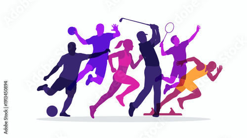 Colorful silhouettes of professional managers and executives performing soccer golf running and badminton, concept for corporate team building, business competition and leadership training