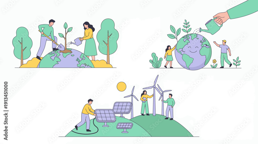 Naklejka premium Environmentalists planting trees on Earth globe and renewable energy technicians installing solar panels, concept for environmental sustainability, green energy promotion and ecological protection