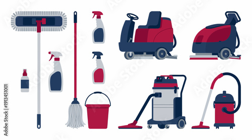 Professional industrial floor cleaning equipment set with vacuum cleaners scrubbers and janitorial supplies, concept for commercial maintenance hygiene service and facility management