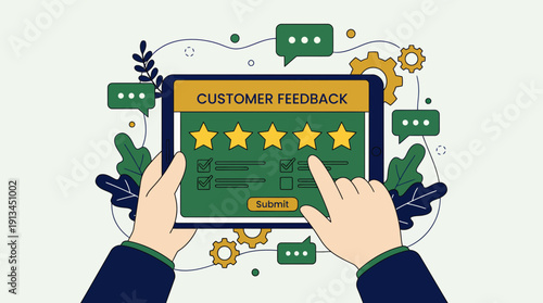 Marketing manager's hands holding a tablet showing a five-star customer feedback survey with a submit button, concept for service rating, user experience and business reputation analysis
