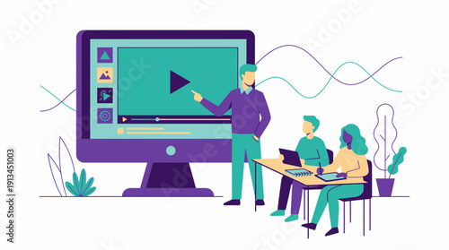 Creative director explaining video editing interface on a large monitor to junior designers working on tablets, concept for digital marketing workshop, media education and corporate training